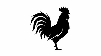 Fototapeta premium Black silhouette of a proud rooster standing in profile on a clean white background, showcasing its distinctive comb and tail feathers.