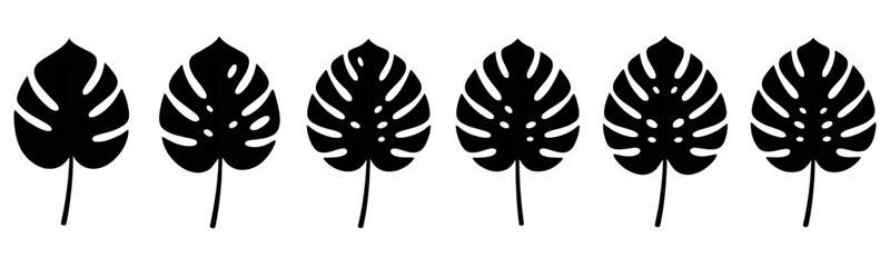 Set of six black monstera leaf silhouettes on a white background. Minimalist tropical foliage illustrations for design and decor. © Lili