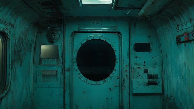 Derelict subway car interior is glowing with an eerie greenish blue light, presenting a futuristic and post apocalyptic scene with corroded walls and vacant seats creating a sense of abandonment