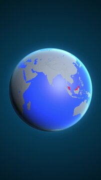 The animation shows a graphic representation of the earth and highlights the location and map of Malaysia colored red in vertical format.