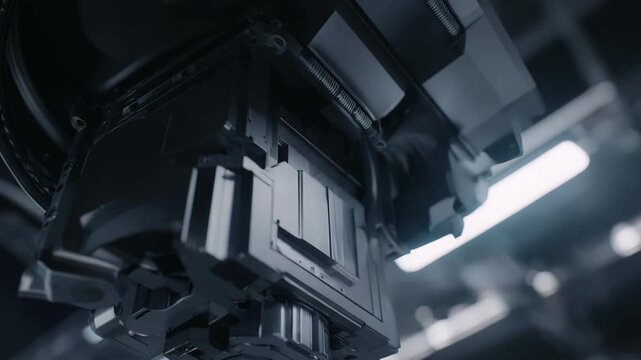 Robotic arm head performing precision work in a modern industrial setting, representing automation, advanced manufacturing, and future technology in a clean production environment