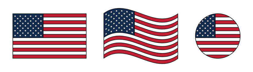 Fototapeta premium USA Flag Vector Collection with Rectangle Waving and Circular United States National Symbols