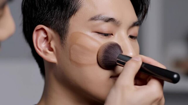 A close-up of a person applying contour makeup with a brush on a model's cheekbones in a bright, well-lit setting