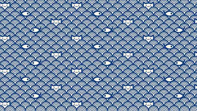 Japanese Pattern Background &ndash; Seigaiha Wave with Cat and Fish Kawaii Design