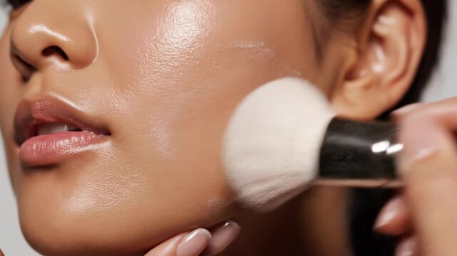 A close-up of a hand applying translucent powder on a model's glowing skin, showcasing makeup application techniques with a makeup brush