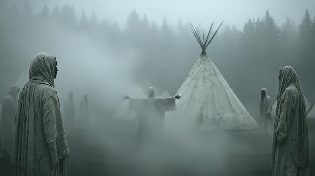 Hooded figures gather in misty forest camp with tipis. Ritual sequence builds as central figure raises arms in foggy ceremony.