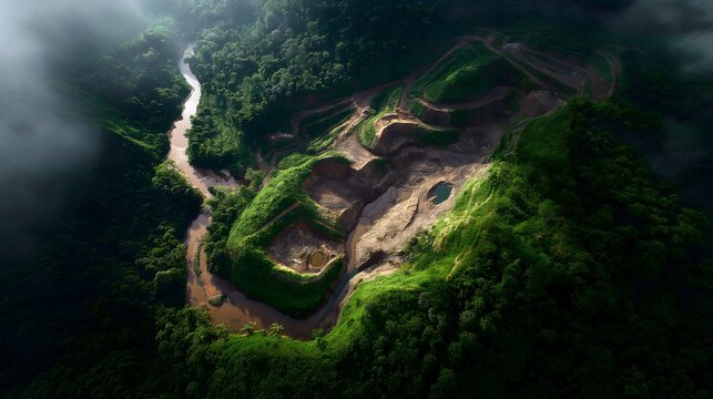 Aerial view of cobalt mine with open-pit excavation and rugged terrain