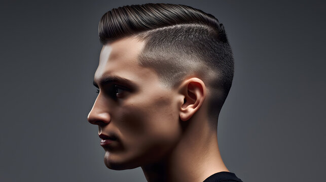 A young man with a stylish side-parted haircut and a faded temple, showcasing a modern and clean look in profile against a grey background.