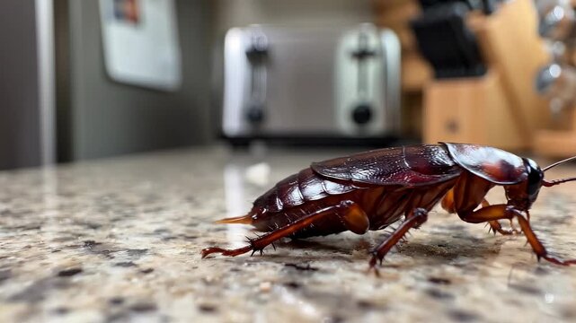 Close-up view of a cockroach crawling on a kitchen countertop, showcasing its detailed anatomy and environment with kitchen appliances in the