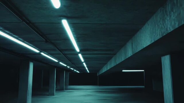 Empty concrete parking garage bathed in a line of glowing blue fluorescent lights, moody futuristic atmosphere with long perspective, stark pillars and reflective floor textures