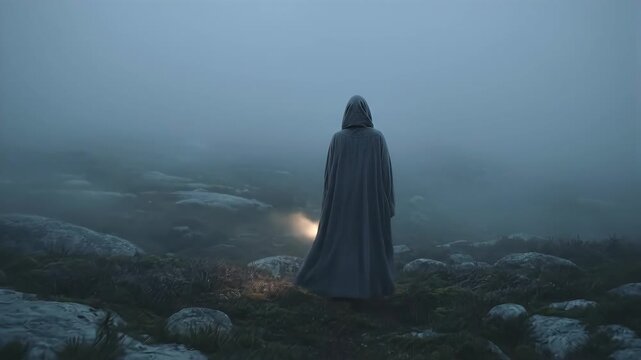 Cloaked figure stands in foggy rocky landscape. Holds lantern as mist swirls around. Illuminates path in night exploration. Mystery and adventure concept in dim blue tones.