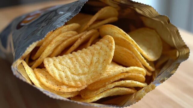 Close-up view of a bag filled with lightly salted potato chips, highlighting their crispy texture and golden color