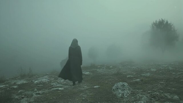 Hooded woman walks through misty landscape. Mysterious foggy field with sparse trees and rocks. Eerie atmospheric journey evoking solitude and introspection.