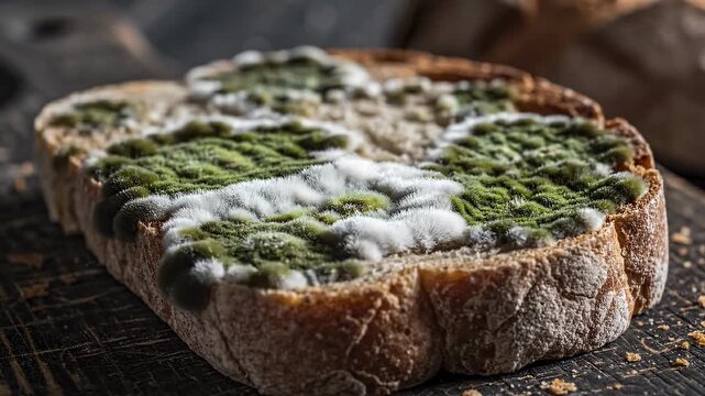 Close-up view of moldy bread with white and green patches on a dark wooden surface, showcasing the natural decay process