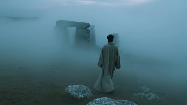 Man in long robe stands amid misty ancient stones. Approaches stone circle in heavy fog. Mystical outdoor landscape and solitude concept.