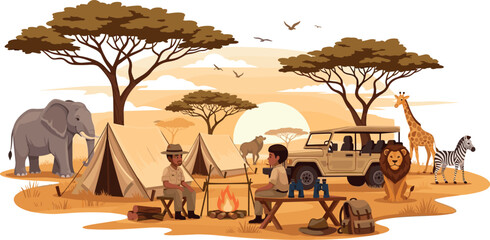 African safari camping scene with tourists campfire jeep tent elephant lion giraffe zebra savanna wildlife adventure vector illustration © Jesika!