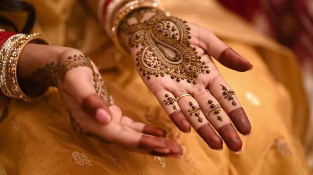 Close up of ornate traditional henna temporary body art applied to a bride s hands during wedding ceremony preparation