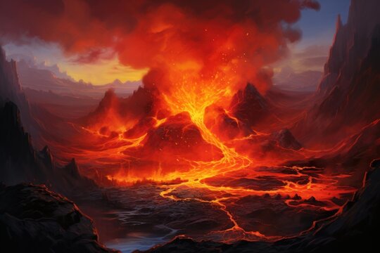 Volcano erupting with molten lava streams flowing down slopes, orange smoke filling the sky