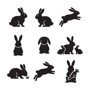 Black and White Rabbit Silhouette Set, Minimal Animal Vector Icons Collection