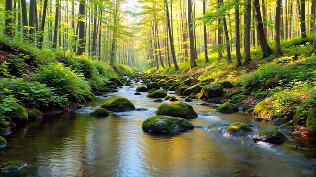 Forest stream with mossy rocks
