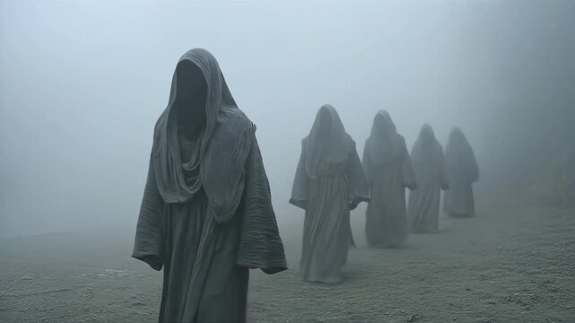Hooded figures walking through dense fog. Mysterious procession advancing across misty ground. Eerie atmospheric sequence of cloaked wanderers in obscurity.