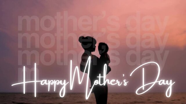 Silhouette Mother Holding Child at Sunset, Happy Mother's Day
