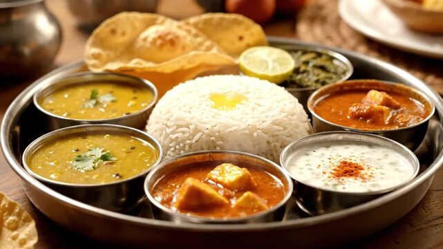 Traditional Indian Vegetarian Thali Meal Platter with Rice Dal Curries Bread and Condiments Closeup View