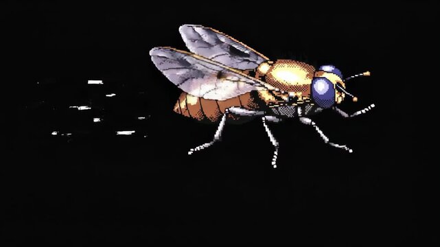 Animated bee in flight sequence. Insect with flapping wings moving forward. Detailed closeup of flying bug in natural motion for wildlife illustration and educational animation