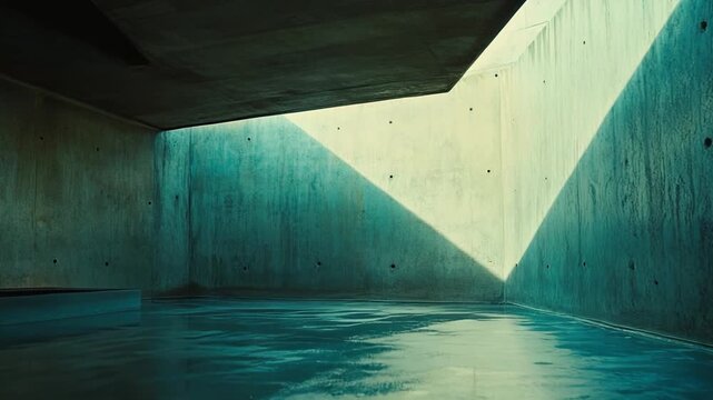 Modern concrete building interior featuring minimalist design, geometric forms, and natural light casting angular shadows on the textured walls and wet floor, creating artistic reflections