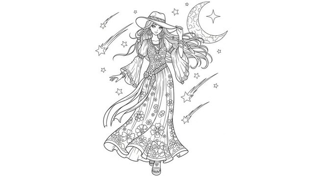 70年代ファッション女性の塗り絵出現