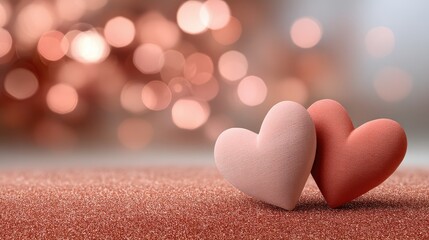 Obraz premium Two red hearts sit on a pink glittery background with a soft bokeh effect, perfect for Valentine's day decorations and cards