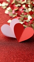 Obraz premium Two red hearts sit on a pink glittery background with a soft bokeh effect, perfect for Valentine's day decorations and cards