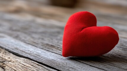 Fototapeta premium A red heart-shaped plush toy rests on a wooden floor with a soft-focus background, perfect for romantic themes and Valentine's Day use
