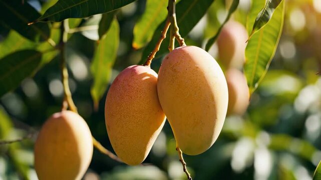 Golden mangoes hanging from tree branches surrounded by lush green leaves under soft sunlight