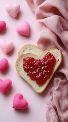 Fototapeta premium Toast with jam is arranged in a heart shape on a simple pink background with a sunny light creating a warm atmosphere