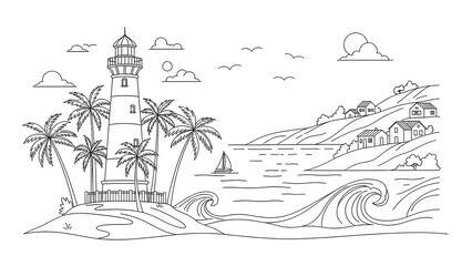 Naklejka premium Hand Drawn Line Art Landscape of a Lighthouse on a Tropical Island with Coastal Village
