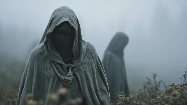 Mysterious hooded figures in masks wandering foggy field. Enigmatic robed wanderers amid mist and trees. Atmospheric fantasy exploration concept.