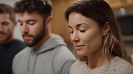 Obraz premium Three friends share a quiet reflective moment of togetherness in a cozy indoor home setting