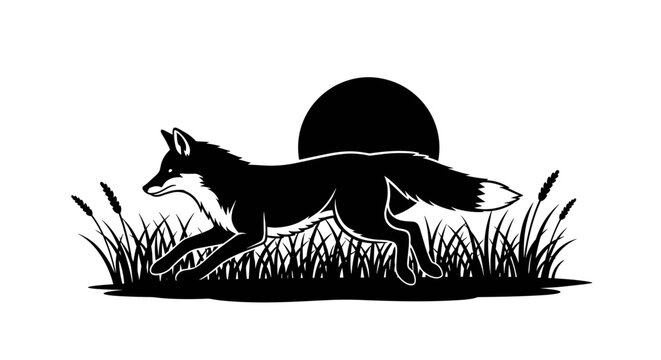 Black Fox Running in Grass.