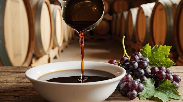 Pouring syrup into a bowl surrounded by fresh grapes in a rustic winery setting
