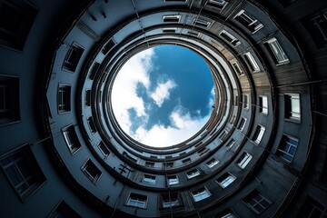 Fototapeta premium Urban residential building facade forming a dramatic circle leading to a sky view