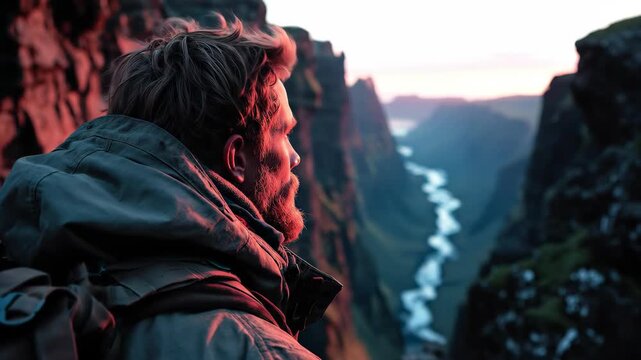 Man standing on cliff edge gazing at deep valley with winding river. Bearded hiker admiring sunset landscape in rugged mountains. Outdoor adventure and nature exploration concept.