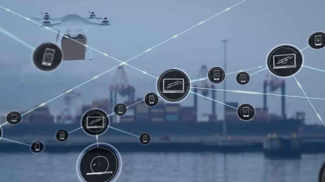 Animation of network of connections with icons and delivery drone over port