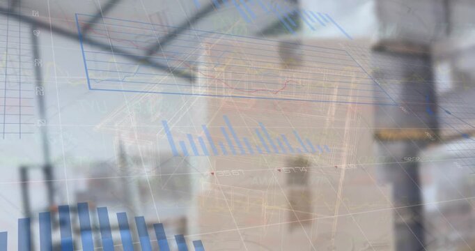 Animation of financial data and graphs over packages in warehouse