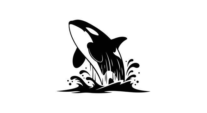 Black orca jumping out water.