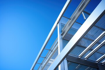 Obraz premium Modern architectural details featuring glass, steel, and geometric lines under a clear blue sky