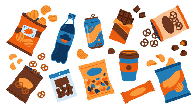Assorted snacks and drinks collection featuring chips chocolate pretzels and beverages