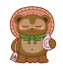 Naklejka premium Hand Drawn Cute Japanese Tanuki Statue for Good Luck – Kawaii Deformed Lucky Raccoon Dog Ornament Illustration