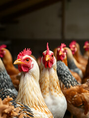 Fototapeta premium Chickens waiting to be fed up, they are looking at the camera.