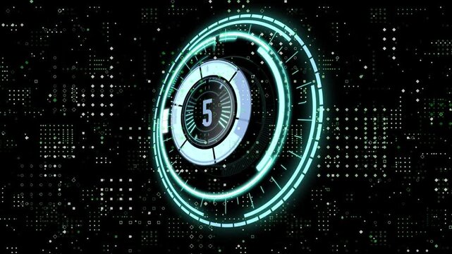 Animation of countdown over neon round scanner over dots pattern against black background